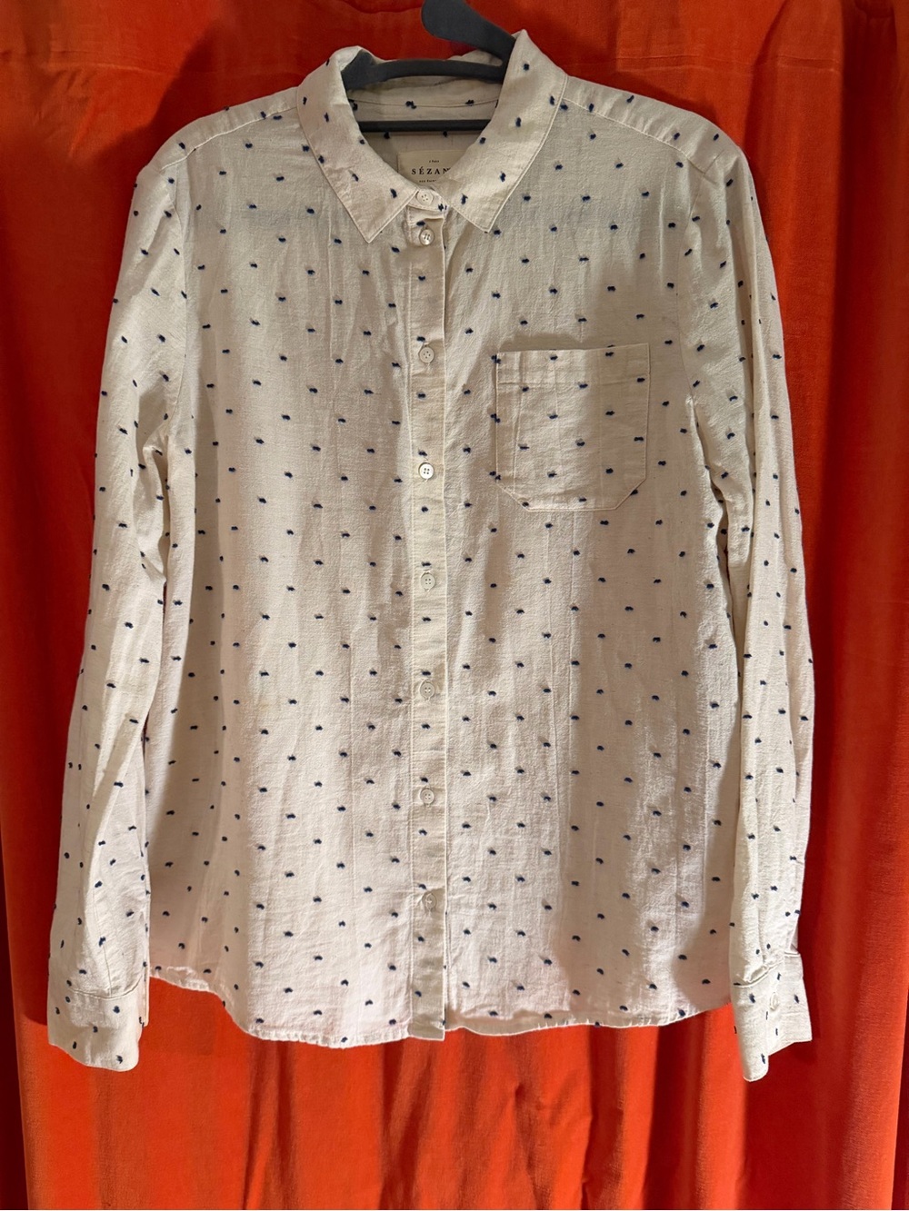**RARE**Sezane tomboy Cream Button-Down Shirt with Navy Dot\dash Pattern